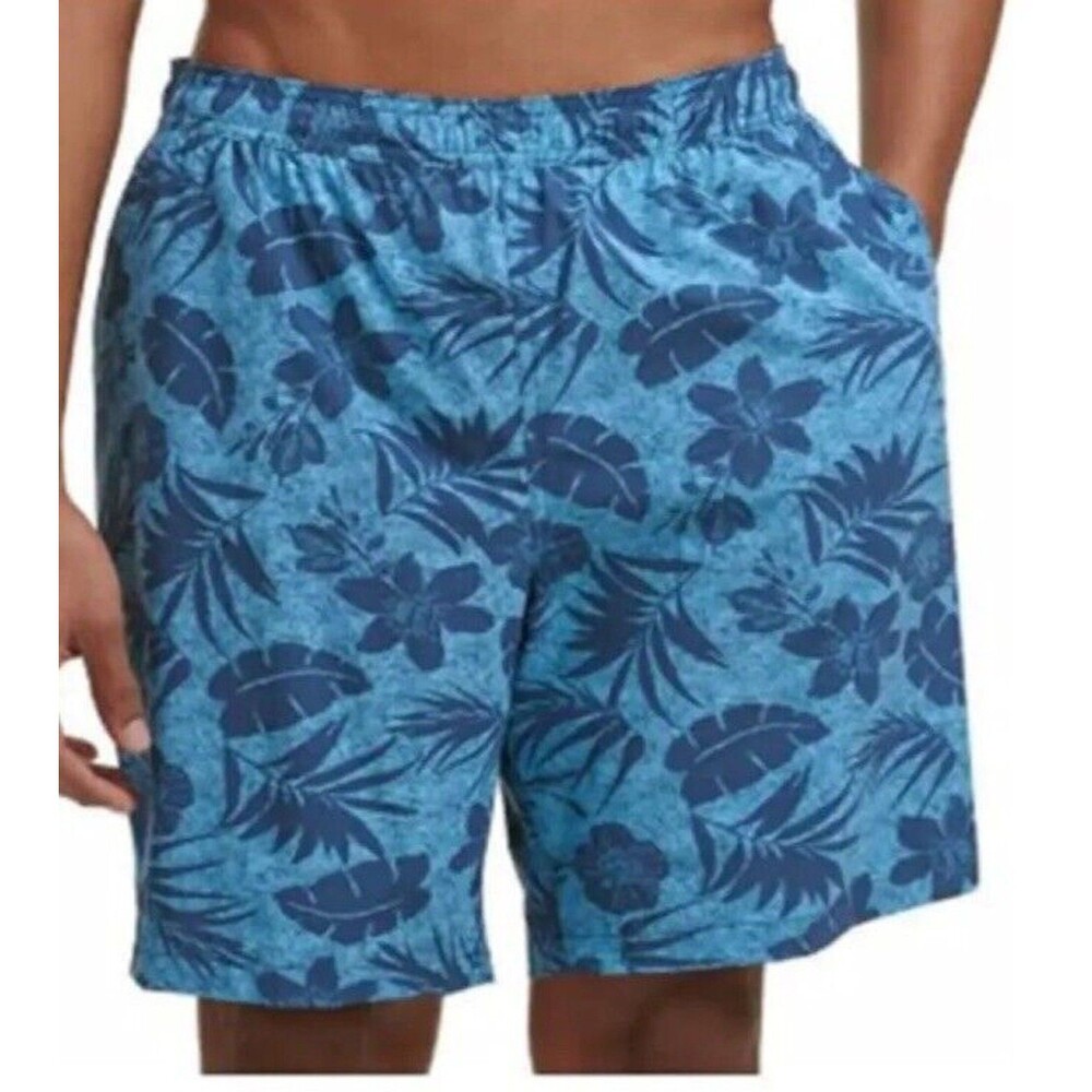 Kirkland Signature Mens XXL Blue Hawaiian Floral Swim Trunks Lined Shorts